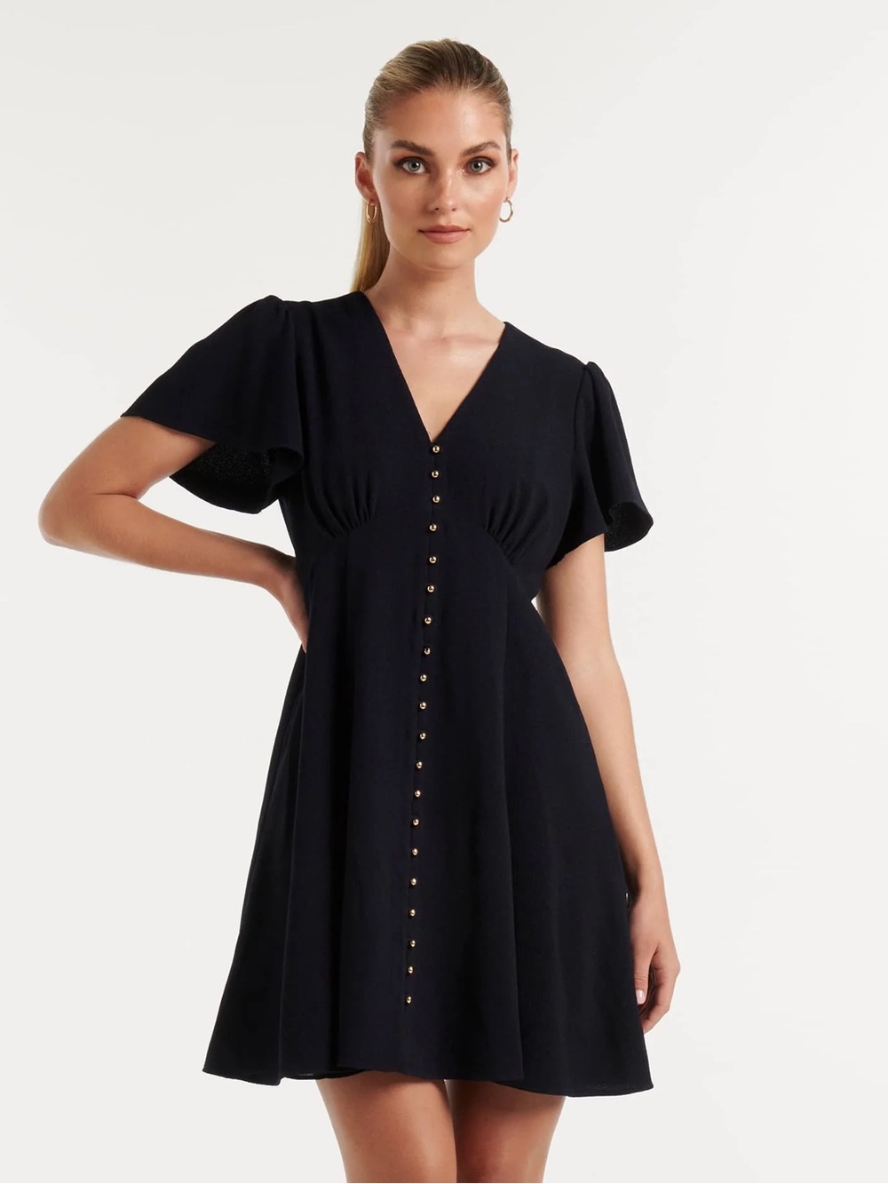 Ever New Black V-Neck Button-Front Mini Dress (Elodie dress)